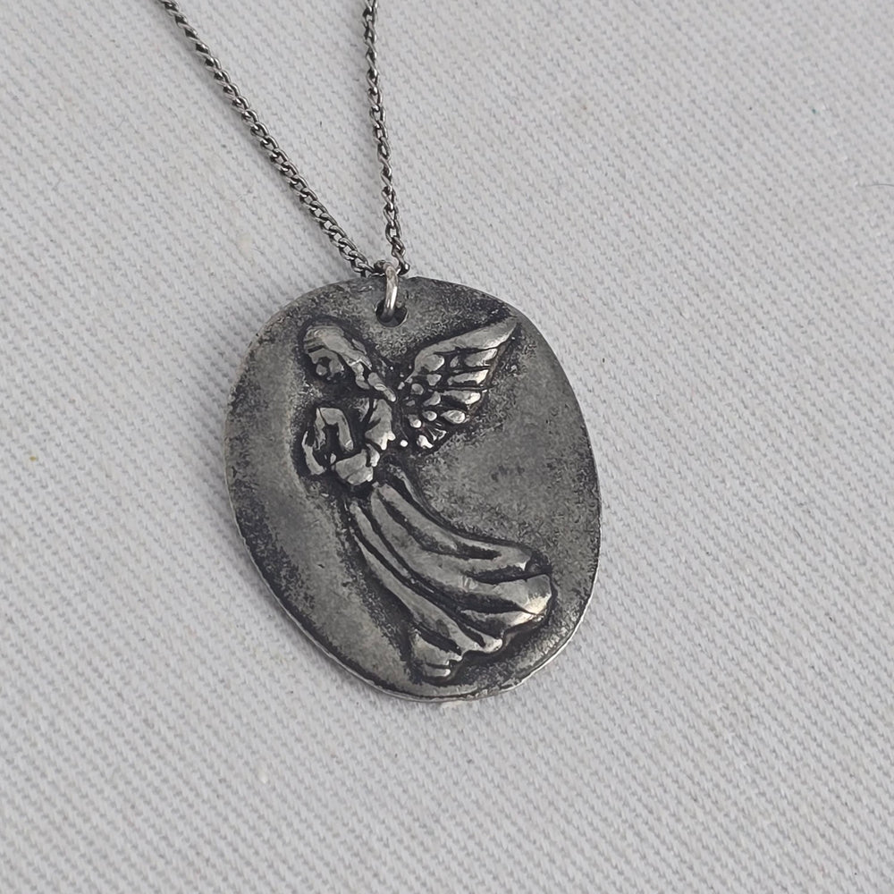 Vintage Sterling Silver Guardian Angel Pendant Necklace
