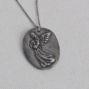 Vintage Sterling Silver Guardian Angel Pendant Necklace