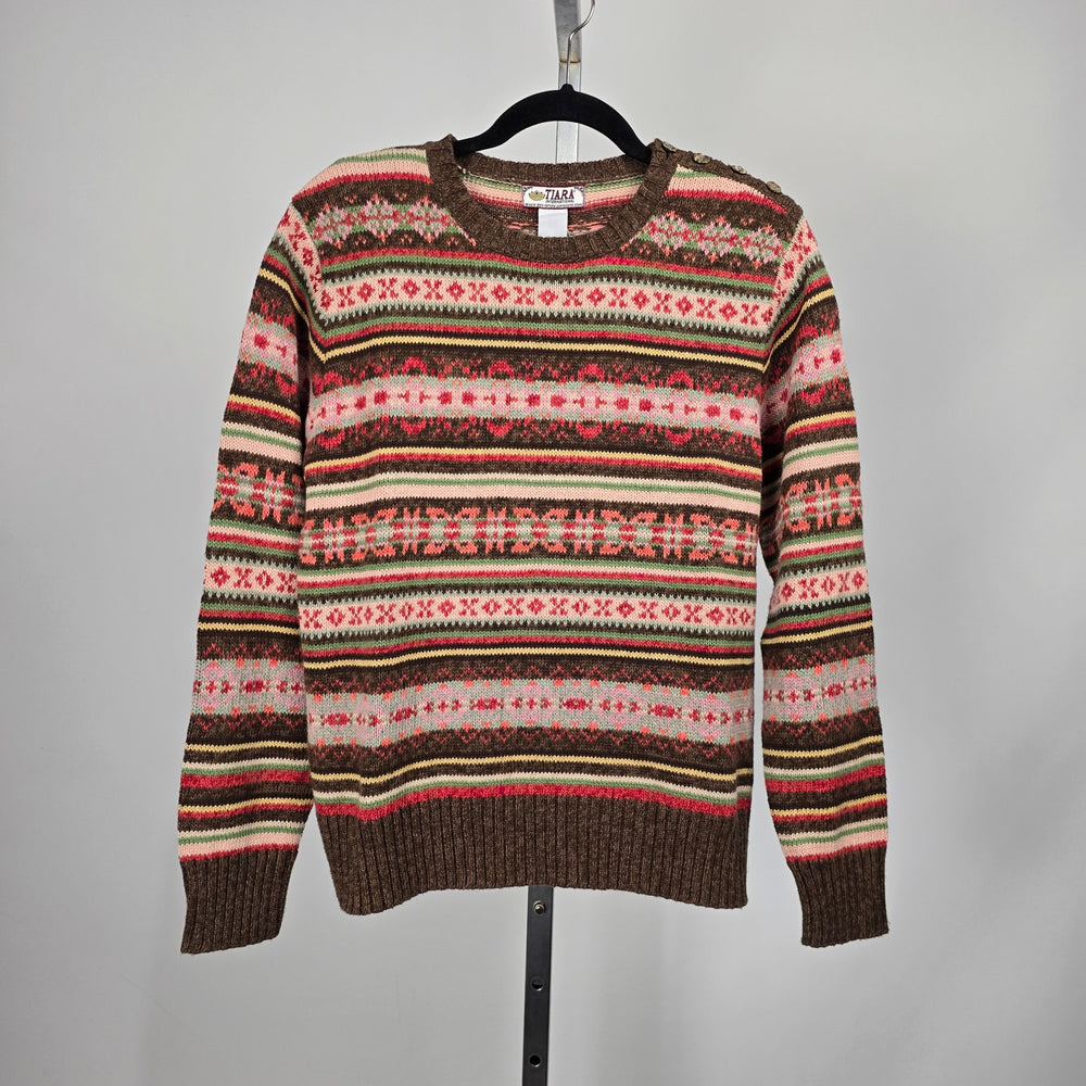 Tiara International Fair Isle Nordic Style Knit Sweater Brown Pink Green Size S