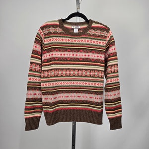 Tiara International Fair Isle Nordic Style Knit Sweater Brown Pink Green Size S