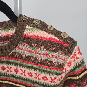 Tiara International Fair Isle Nordic Style Knit Sweater Brown Pink Green Size S