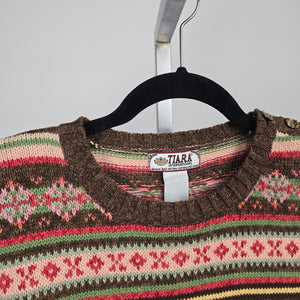 Tiara International Fair Isle Nordic Style Knit Sweater Brown Pink Green Size S