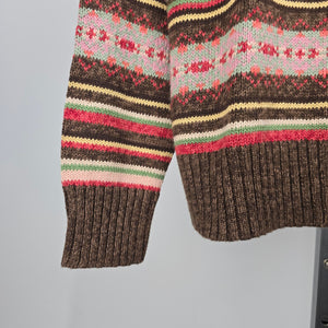 Tiara International Fair Isle Nordic Style Knit Sweater Brown Pink Green Size S