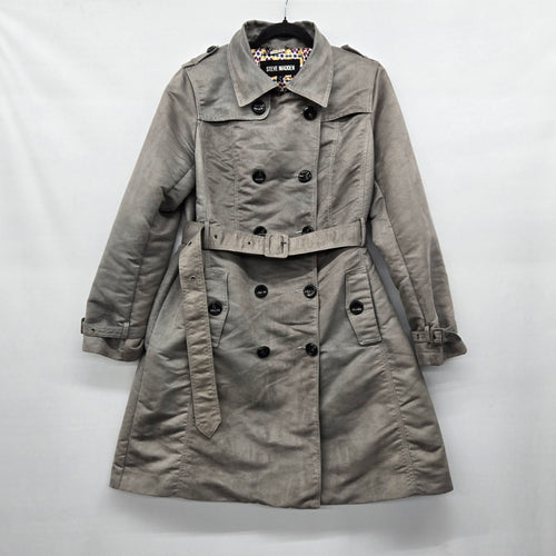 Steve Madden Gray Faux Suede Double Breasted Trench Coat Belted Size L
