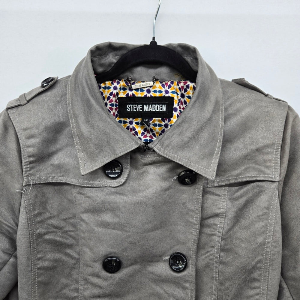 Steve Madden Gray Faux Suede Double Breasted Trench Coat Belted Size L