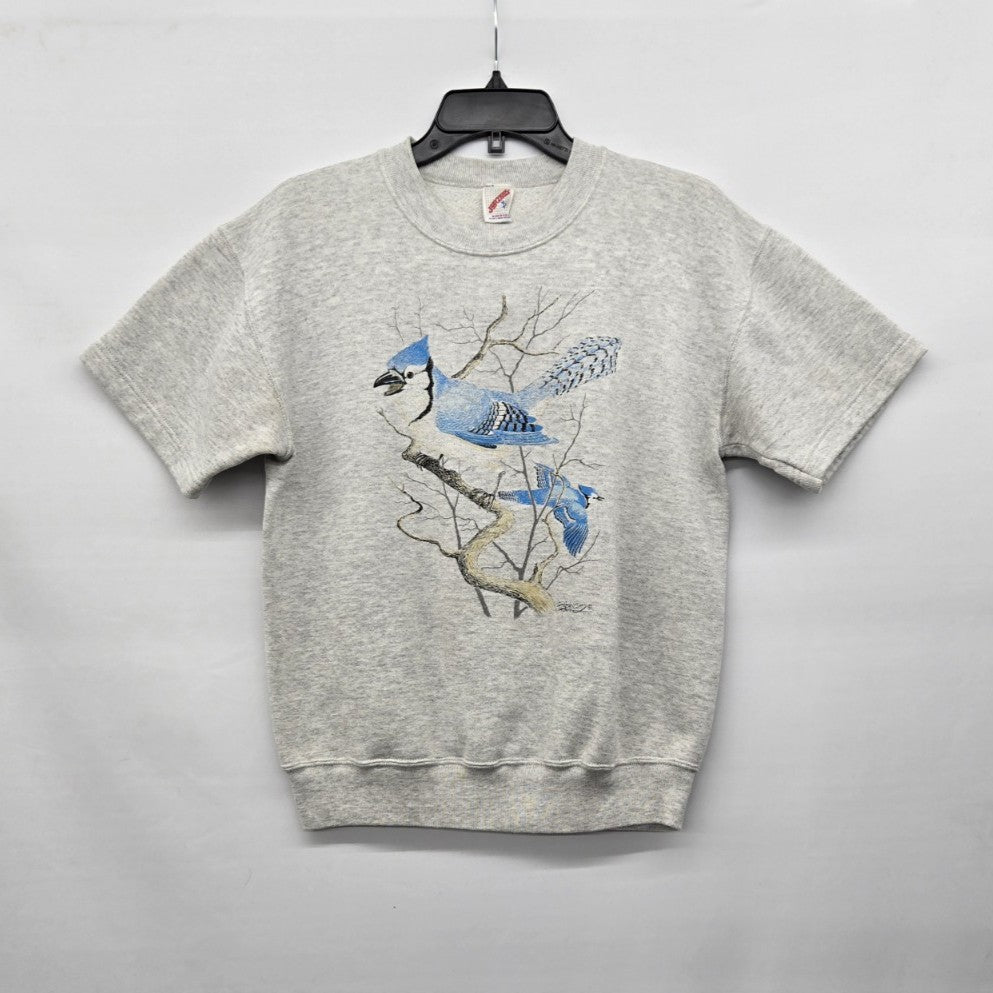 Vintage Jerzees Blue Jay Bird Graphic Short Sleeve Sweatshirt Gray Size M
