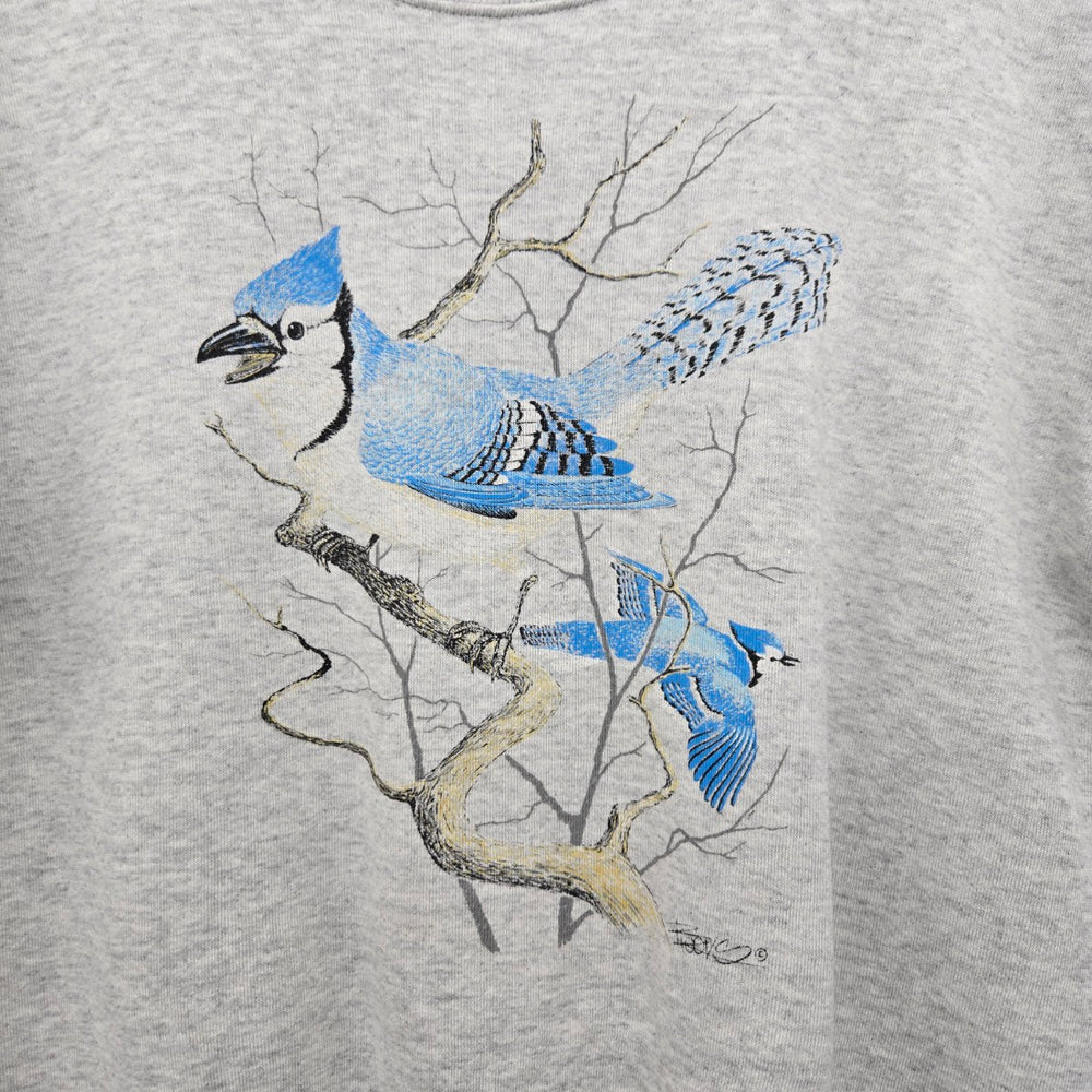 Vintage Jerzees Blue Jay Bird Graphic Short Sleeve Sweatshirt Gray Size M
