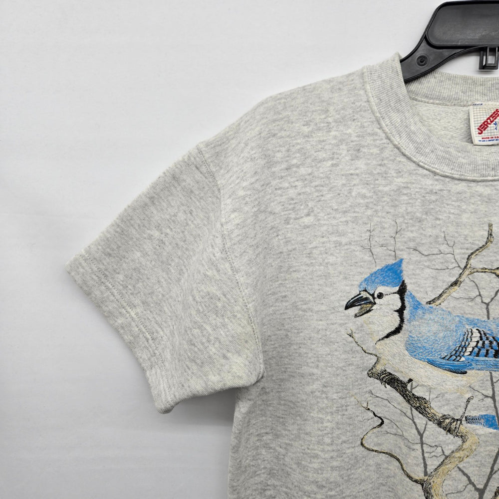 Vintage Jerzees Blue Jay Bird Graphic Short Sleeve Sweatshirt Gray Size M