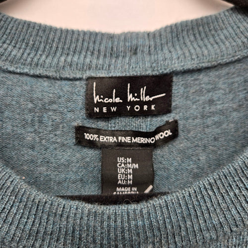 Nicole Miller New York Extra Fine Merino Wool Short Sleeve Sweater Teal - Size M