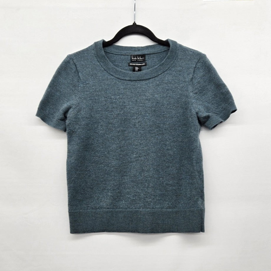 Nicole Miller New York Extra Fine Merino Wool Short Sleeve Sweater Teal - Size M
