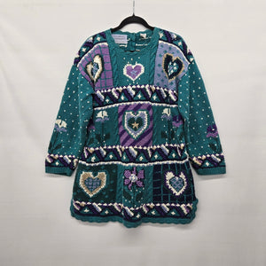Vintage Signatures by Northern Isles Hand Knit Heart Sweater Teal Purple Size L