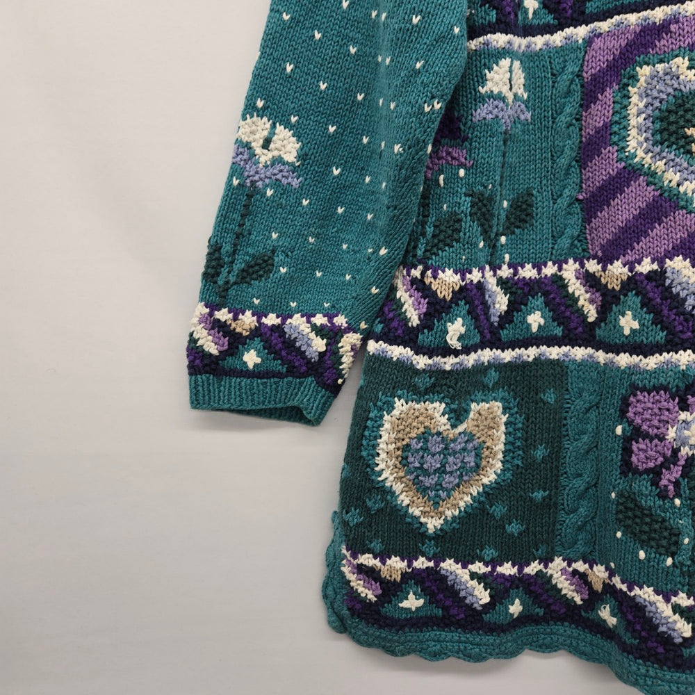 Vintage Signatures by Northern Isles Hand Knit Heart Sweater Teal Purple Size L