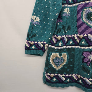 Vintage Signatures by Northern Isles Hand Knit Heart Sweater Teal Purple Size L