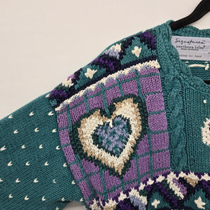 Vintage Signatures by Northern Isles Hand Knit Heart Sweater Teal Purple Size L