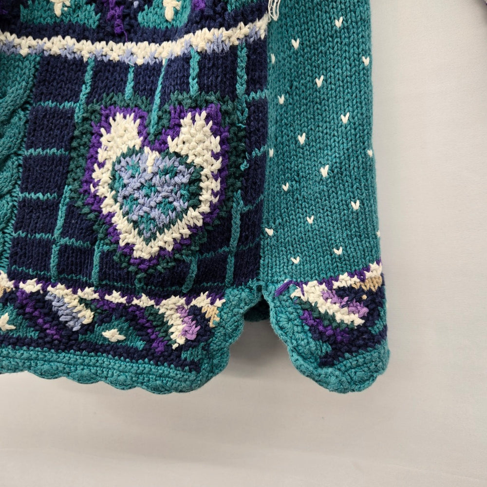 Vintage Signatures by Northern Isles Hand Knit Heart Sweater Teal Purple Size L