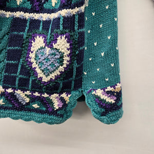 Vintage Signatures by Northern Isles Hand Knit Heart Sweater Teal Purple Size L