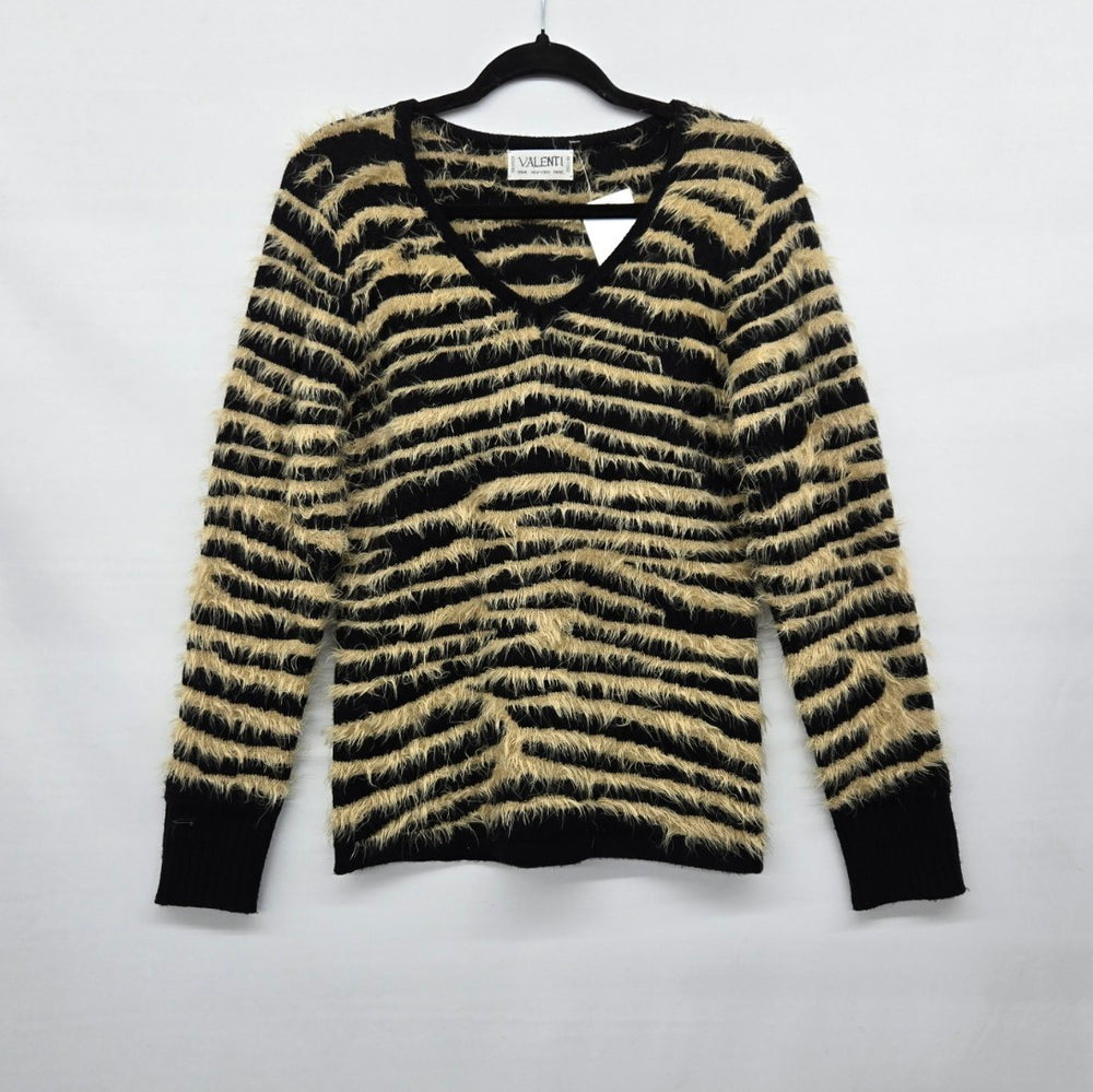 Vintage Valenti Black & Beige Eyelash Stripe V-Neck Sweater - Size M