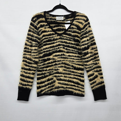 Vintage Valenti Black & Beige Eyelash Stripe V-Neck Sweater - Size M