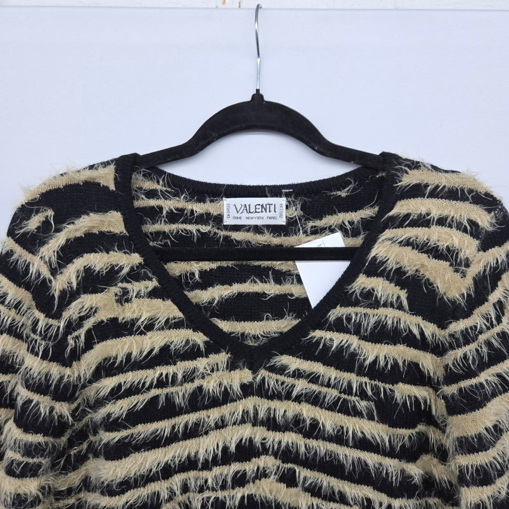 Vintage Valenti Black & Beige Eyelash Stripe V-Neck Sweater - Size M