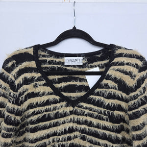 Vintage Valenti Black & Beige Eyelash Stripe V-Neck Sweater - Size M