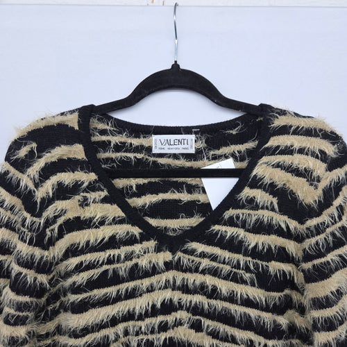 Vintage Valenti Black & Beige Eyelash Stripe V-Neck Sweater - Size M