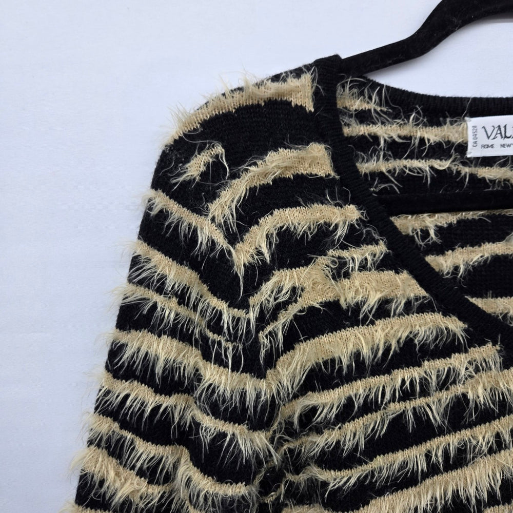 Vintage Valenti Black & Beige Eyelash Stripe V-Neck Sweater - Size M