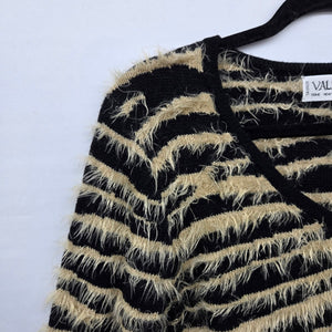 Vintage Valenti Black & Beige Eyelash Stripe V-Neck Sweater - Size M