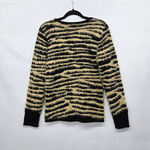 Vintage Valenti Black & Beige Eyelash Stripe V-Neck Sweater - Size M