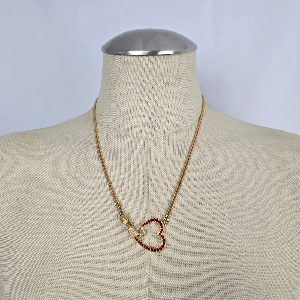 Judith Leiber Gold Tone Red Rhinestone Heart Pendant Double Strand Necklace