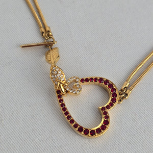 Judith Leiber Gold Tone Red Rhinestone Heart Pendant Double Strand Necklace