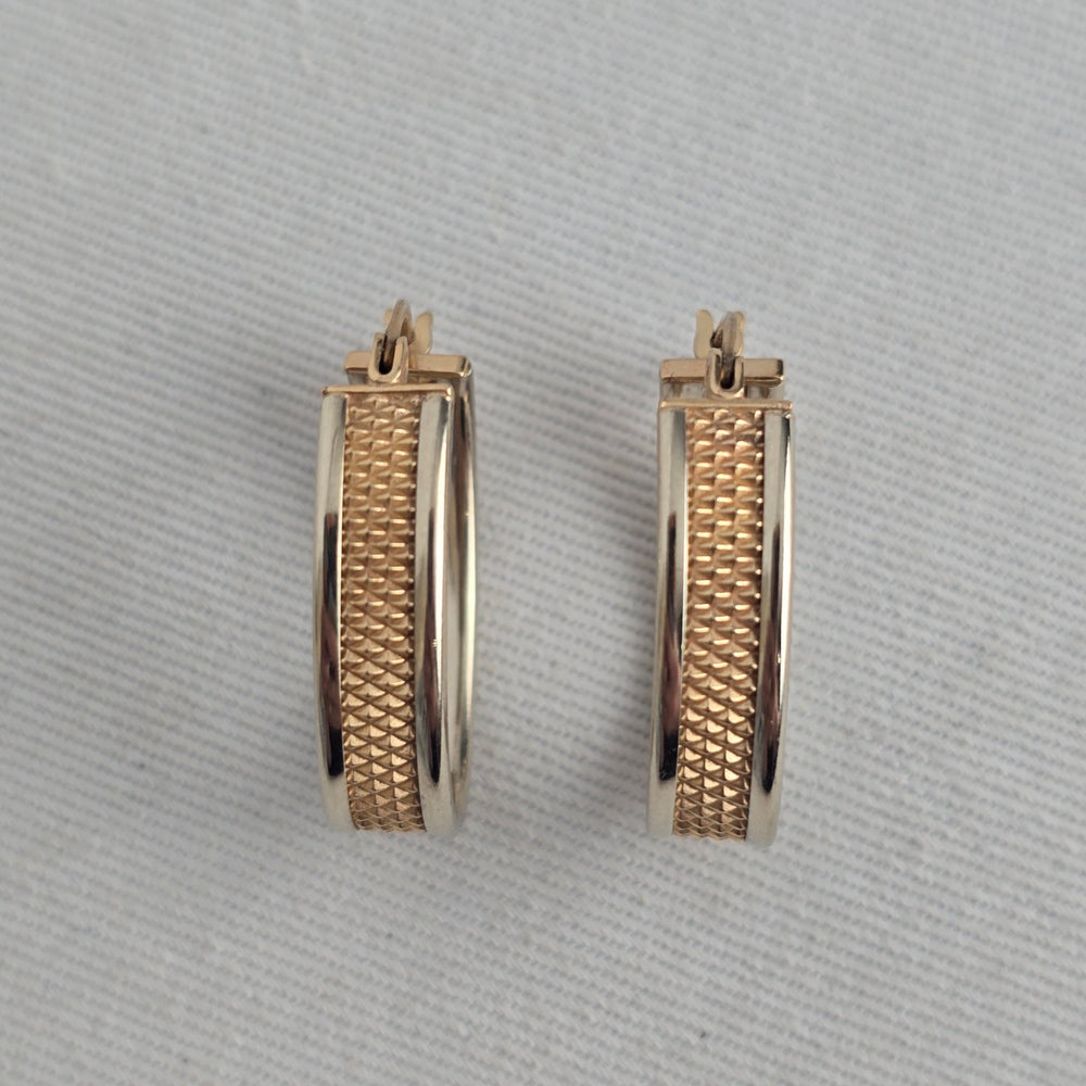Vintage 10K Two-Tone Gold Diamond-Cut Oval Hoop Earrings
