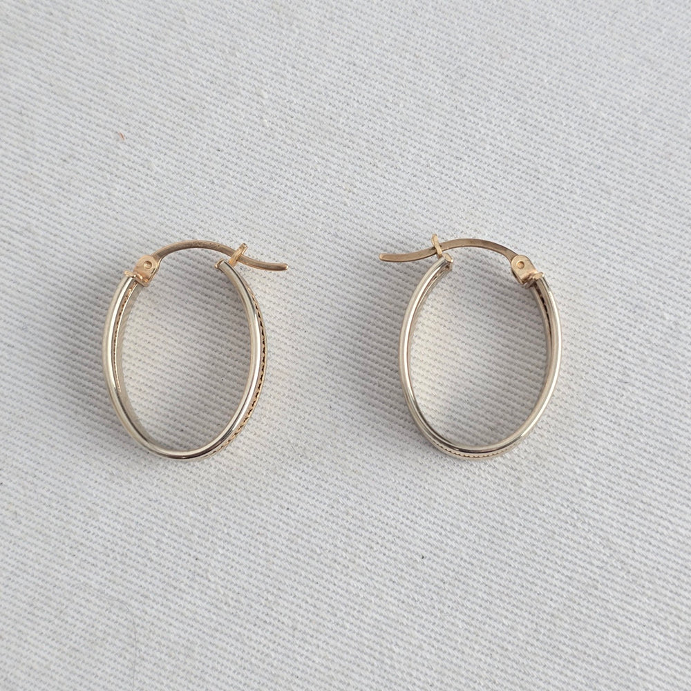 Vintage 10K Two-Tone Gold Diamond-Cut Oval Hoop Earrings