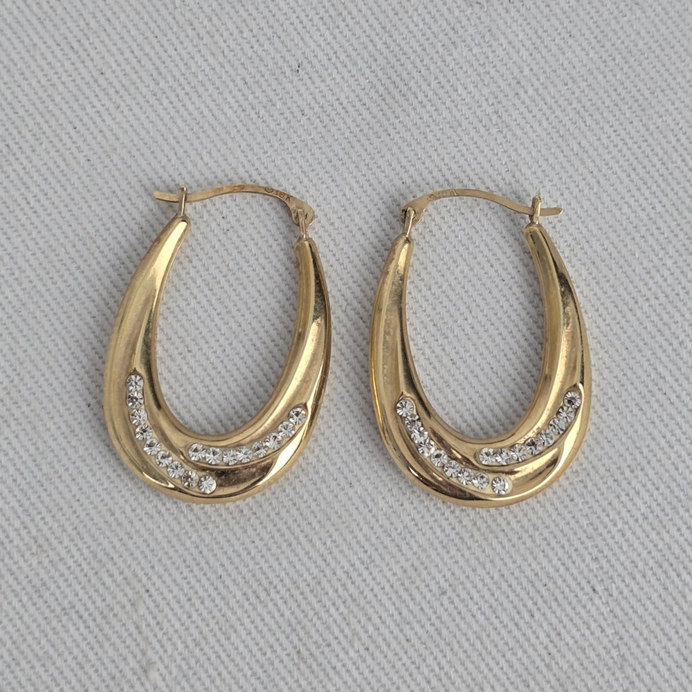 Vintage 10K Yellow Gold CZ Stones Teardrop Hoop Earrings