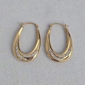Vintage 10K Yellow Gold CZ Stones Teardrop Hoop Earrings