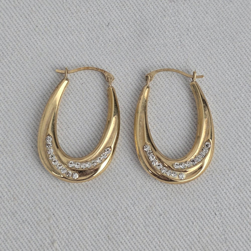Vintage 10K Yellow Gold CZ Stones Teardrop Hoop Earrings