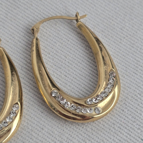 Vintage 10K Yellow Gold CZ Stones Teardrop Hoop Earrings