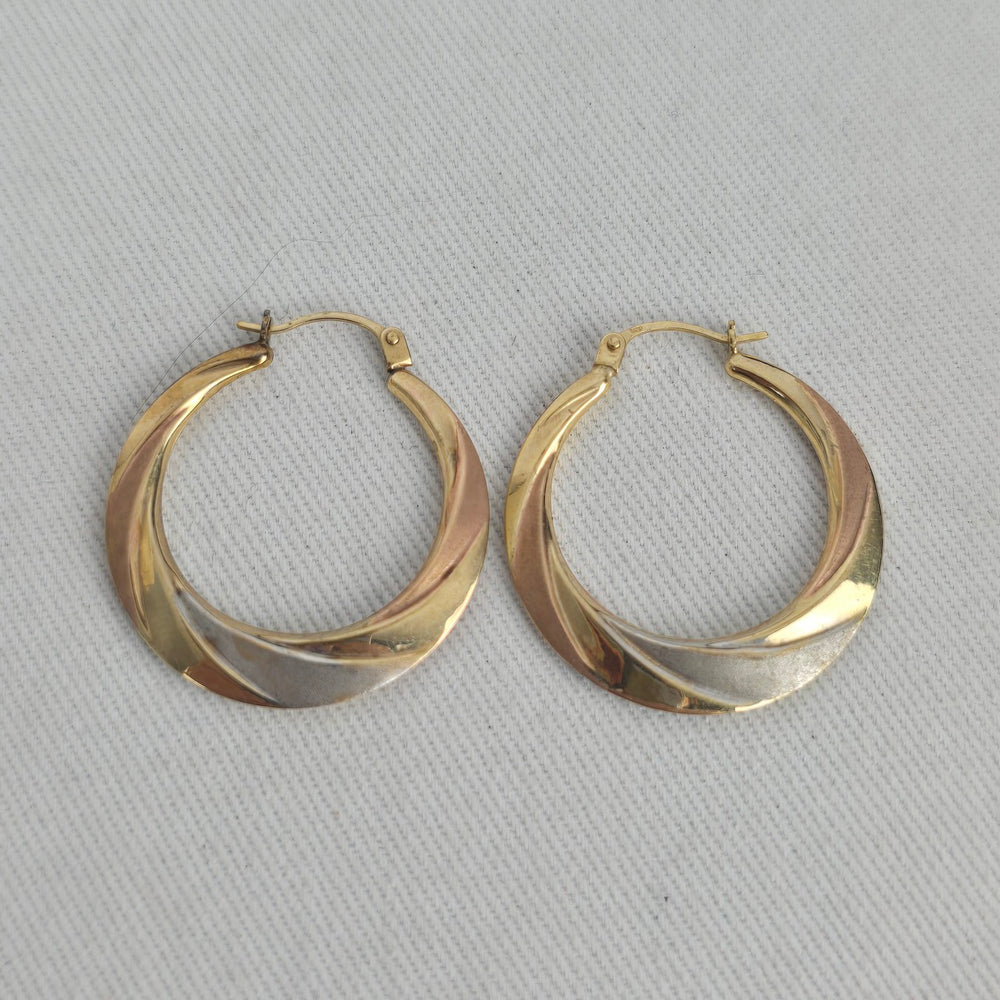 Vintage 10K Tri-Color Gold Twisted Hoop Earrings Yellow Rose White Gold
