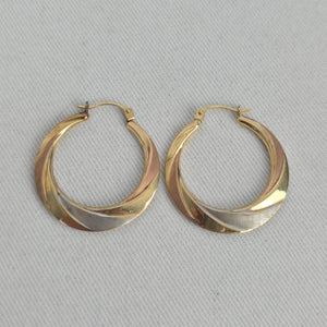 Vintage 10K Tri-Color Gold Twisted Hoop Earrings Yellow Rose White Gold