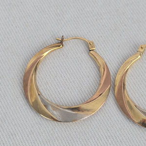Vintage 10K Tri-Color Gold Twisted Hoop Earrings Yellow Rose White Gold