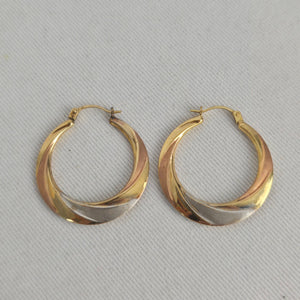 Vintage 10K Tri-Color Gold Twisted Hoop Earrings Yellow Rose White Gold