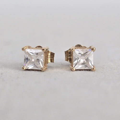 10K Yellow Gold Square CZ Stone Stud Earrings Pierced
