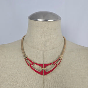 Vintage Trifari Gold Tone Red Enamel Geometric Statement Collar Necklace
