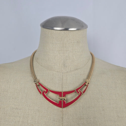 Vintage Trifari Gold Tone Red Enamel Geometric Statement Collar Necklace