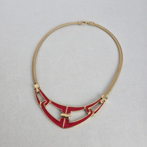 Vintage Trifari Gold Tone Red Enamel Geometric Statement Collar Necklace
