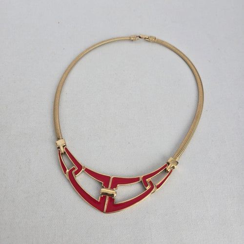 Vintage Trifari Gold Tone Red Enamel Geometric Statement Collar Necklace