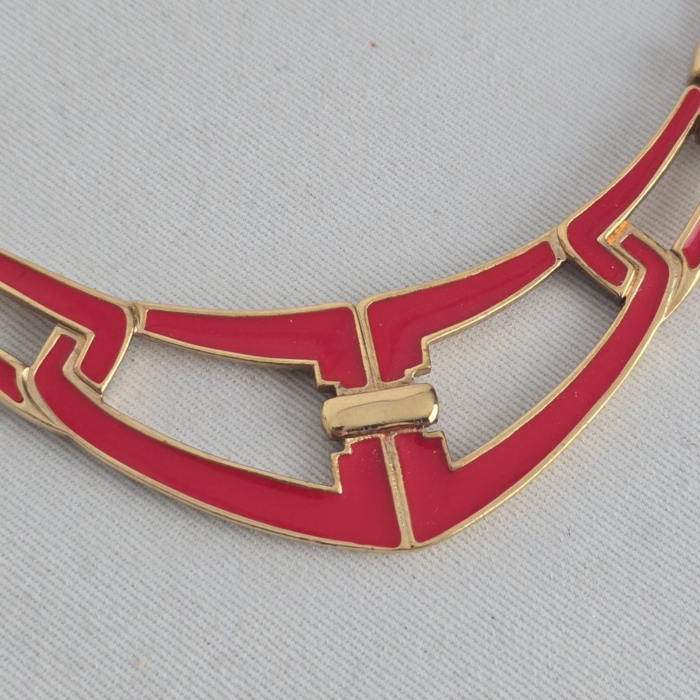 Vintage Trifari Gold Tone Red Enamel Geometric Statement Collar Necklace
