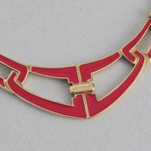 Vintage Trifari Gold Tone Red Enamel Geometric Statement Collar Necklace