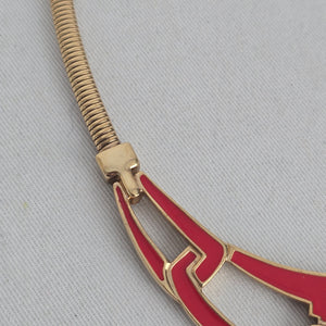 Vintage Trifari Gold Tone Red Enamel Geometric Statement Collar Necklace