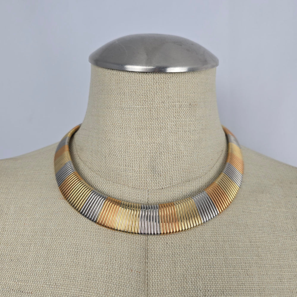 Vintage Marshal Metal Tri-Tone Ribbed Collar Necklace – 1970s/80s Style