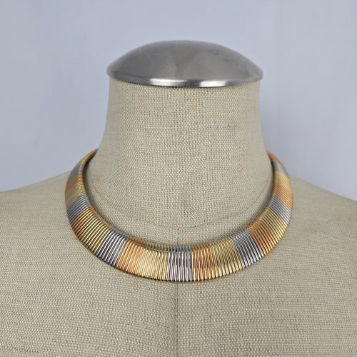 Vintage Marshal Metal Tri-Tone Ribbed Collar Necklace – 1970s/80s Style